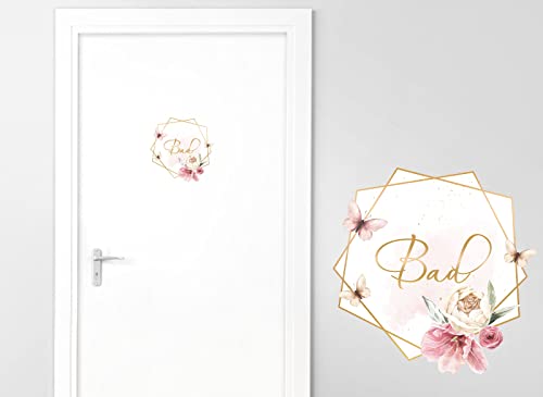 Grandora Türaufkleber Bad mit Blume und Schmetterlinge I 20 x 20 cm (BxH) I Wandsticker selbstklebend WC Wandaufkleber Toilette Wandtattoo Badezimmer Aufkleber DL730 20 x 20 cm (BxH)