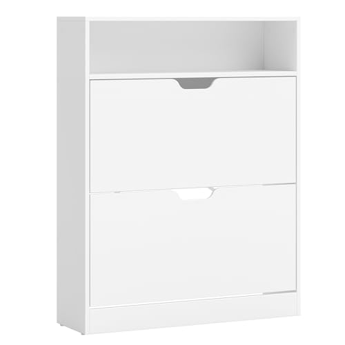 VASAGLE Meuble à Chaussures 2 Portes Battantes, Étagère à Chaussures, Compartiment Ouvert, Séparateur Réglable, 11 à 16 Paires, pour Petite Entrée, 24...