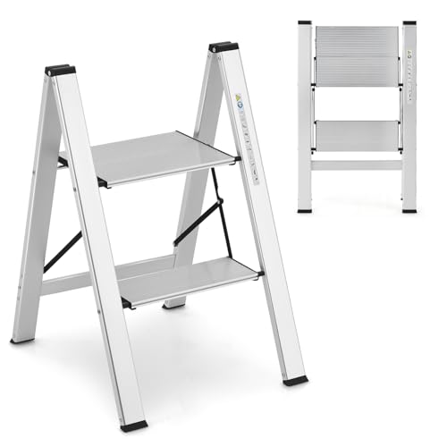 GYMAX Scala in Alluminio, Scaletta Salvaspazio e Pieghevole con Gradini e Cuscinetti Antiscivolo, Portata di 150 kg (2 Gradini - 49x44x66 cm)