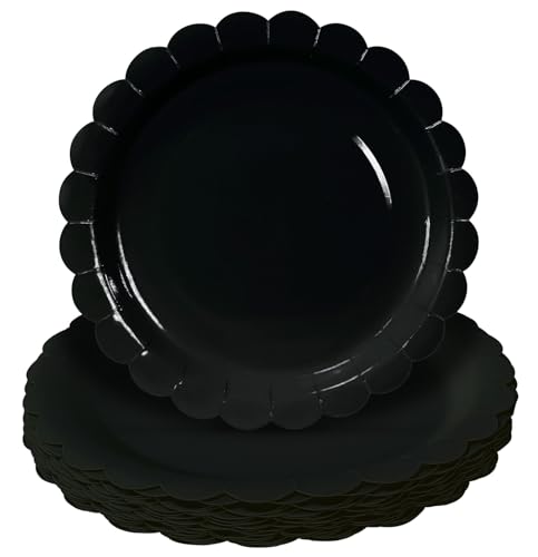 HEIPINIUYE 25 Pieces Black Paper Plates 7 Inch Black Scalloped Plates Disposable Dinner Plate for Wedding Baby Shower Birthday Halloween Party Dessert Plate