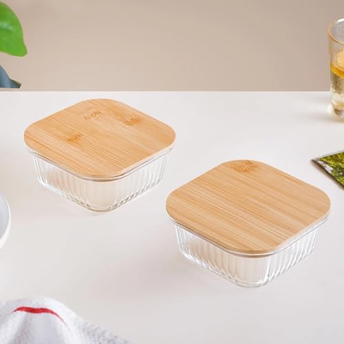 Nestasia Glass Lunch Box for Women and Men (500ml) - Borosilicate Clear Lunch Box for Office Use, Microwave Safe, Airtight Glass Containers with Bamboo Lid, Lunch Boxes Set of 2