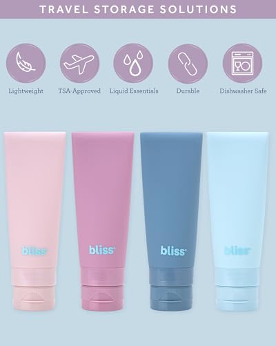 Bliss Travel Bottles Set - 4/7/10 Piece TSA Approved Leak-Free Refillable Travel Size Toiletries Containers for Skincare, Lotion, Shampoo, and Conditioner, 4pc Silicon Multicolor2