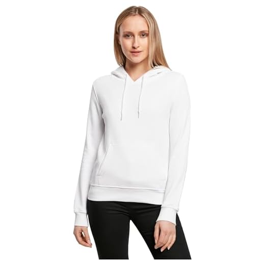 Build Your Brand Huvtröja för kvinnor av 100% ekologisk bomull för kvinnor, dam organic hoody sweatshirt i svart eller vit, storlekar XS – 5XL, Vit, L