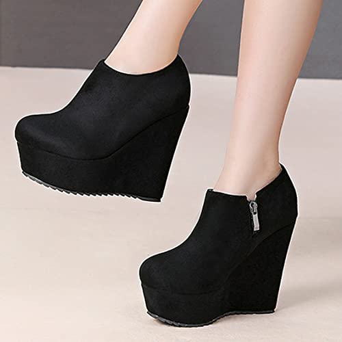 UniqueStride Women High Heel Wedge Short Ankle Boots Fashion Platform Zip up Faux Suede Ankle Booties4