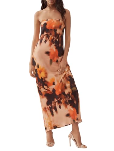 Image of Women Floral Strapless Maxi Dress Y2K Bodycon Tube Long Dresses Sexy Party Formal Cocktail Beach Slit Dress