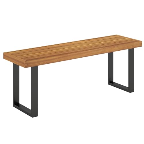 Tangkula Acacia Wood Outdoor Bench, 48 Long Patio Dining Bench w-Metal Legs, Slatted Seat, Backless Picnic Bench, Farmhouse Furniture for Garden Poolside Porch Balcony Deck Indoor (1,Natural)