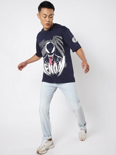 Image of Bewakoof X Marvel Venom Men's 100% Cotton Graphic Print Oversized Fit Half Sleeve Round Neck T-Shirt | Casual Wear | Street Wear | Oversized t Shirt for Men Cotton | Baggy