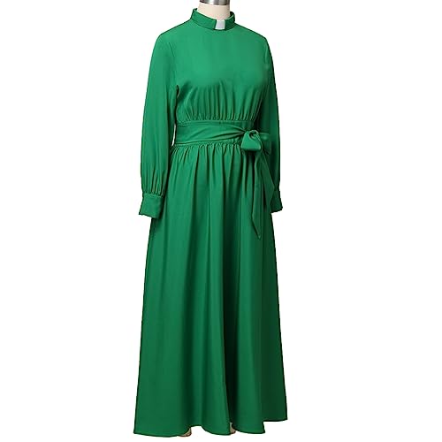 Image of CAMDOM Church Clergy Dress for Women Long Sleeve A Line Elegant Maxi Dress with Tab Insert Stand Collar and BeltA