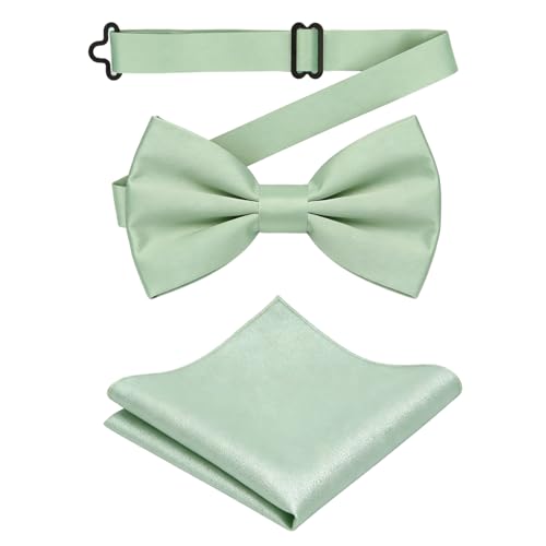 HUKUMA Noeud Papillon Homme Vert Sauge Avec Mouchoir de Poche, Nœuds Papillon Uni pour Hommes pour Mariage Fête A