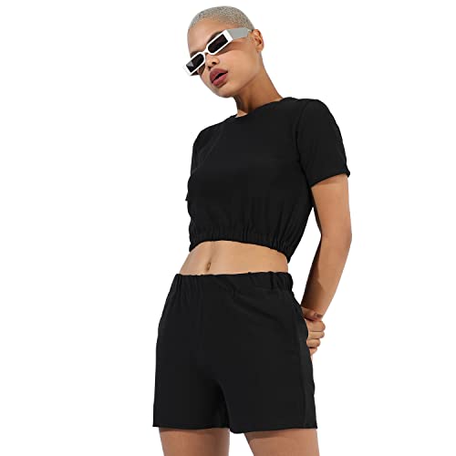 Image of Campus Sutra Women's Solid Black Crewneck Short Sleeve Regular Fit Co-Ords Set for Casual Wear | Clothing Set Crafted with Comfort Fit and High Performance for Everyday Wear