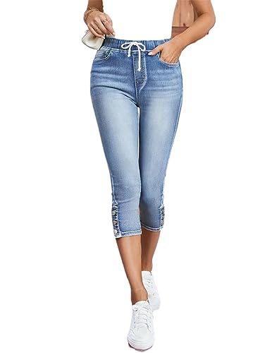 Women's Calf-Length Jeans Fashion Skinny High Stretch Elastic Waist Denim Pencil Pants Casual Slim Jeans Light Blue M