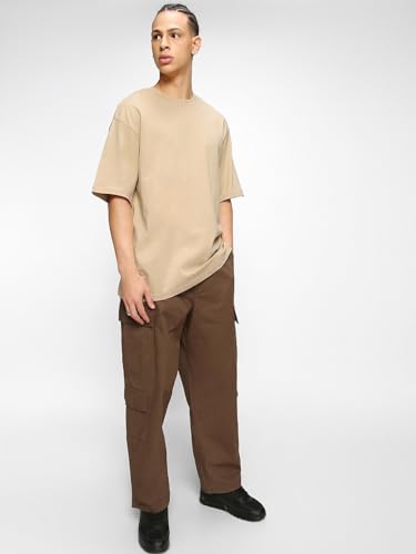 Image of crazymonk Oversized Baggy Fit Drop Shoulder Half Sleeves Round Neck Solid Pure Cotton T-Shirt for Men
