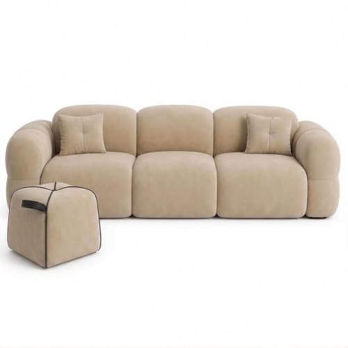 Image of FURNY Luxury Nimbus 4 Seater + Suri Pouf Sofa Set for Living Room | Boston Fabric Upholstered | Modern Cushioned Comfortable Couch for Home Office & Drawing Room | Sand Beige