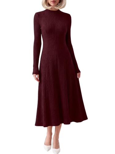 ANRABESS Womens Fall Ribbed Knit Mock Neck Long Sleeve Midi Dress