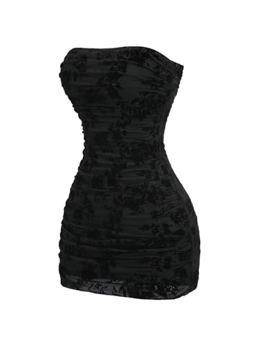 Floerns Women's Floral Mesh Strapless Tube Dress Bow Tie Back Bodycon Mini Dresses