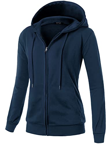 GIVON Womens Solid Color Zip UP Hoodies Sweatshirt with Kanga Pocket Long Sleeve Lightweight Hooded Jacket / DCF230-NAVY-3XL
