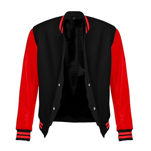 Image of Red And Black Letterman Jacket Men - Mens Black Varsity Letterman High School Baseball Bomber Jacket
