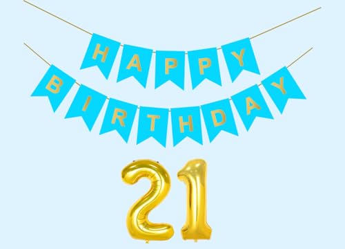 Image of 21st Sky Blue Happy Birthday Decoration Kit for 21 year Old Boys Girls Women with Number Twenty-one Party Decorations Decor Celebration Items Item Set Combo Reusable Paper Banner