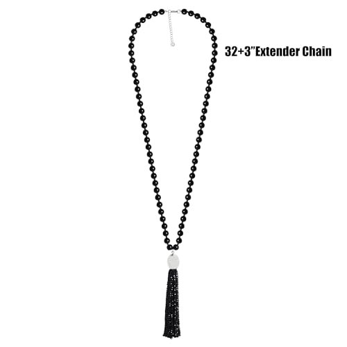 Natural White Black Pink Amethyst Coral Aquamarine Quartz Stone Necklace for Women, Beaded Long Tassel Pendant Chakra Healing Crystal Necklace2