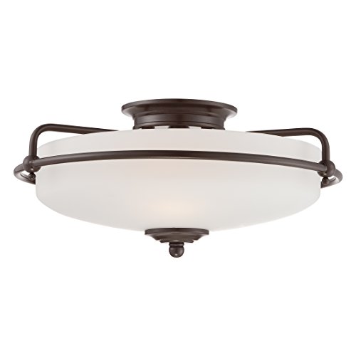 Quoizel Griffin Flush Mount Ceiling Light, 3-Light, Palladian Bronze & White Etched Glass, Damp-Rated, Transitional Style, 17" W