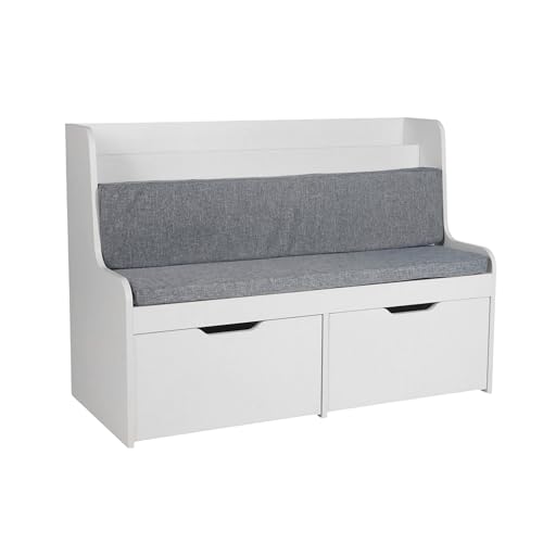 Banc pour Enfants Relaxdays avec Rangement, H x L x P : 70 x 100 x 45 cm, 2 tiroirs, étagère, Coussin, Blanc/Gris