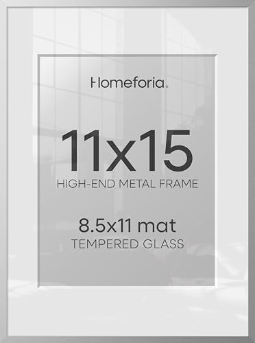 Image of Homeforia 11x15 Picture Frame Silver, High End Metal 11x15 Frames with Mat 8.5x11, 11 x 15 Silver Poster Frames Matted to 8.5 x 11 inch Photo, 11by15 Hanging Frames, Tempered Glass, Wall Kit, Set of 2