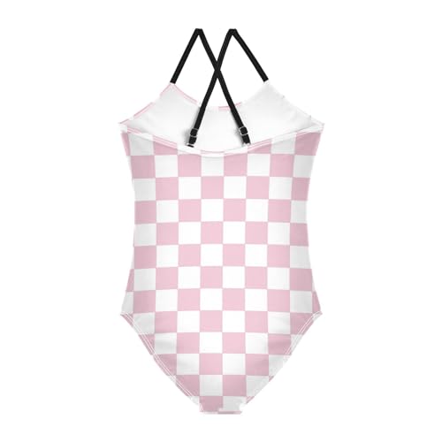 Image of Black and White Chess Girls One Piece Swimsuits Board Marble Tile Sport Halter Swimwear Beach Bathing Suit 3T