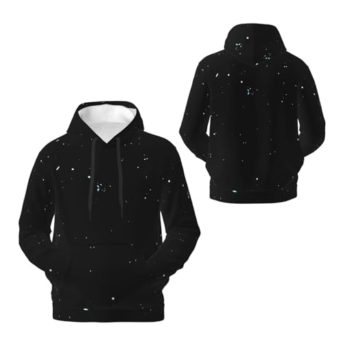 Men's Fleece Pullover Hoodies, Black White Dot Printed Casual Drawstring Hooded Sweatshirts3