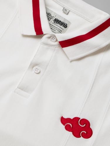 Image of The Souled Store Naruto Shippuden: Akatsuki Outlaws Men and Boys Short Sleeves Collared Neck White Embroidered Cotton Blend Oversized Polos