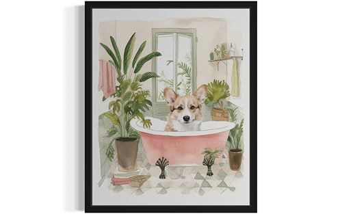 Image of Corgi in Bathtub Black Framed Wall Art Poster Print, Animal Bathtub Restroom Wall Art Painting for Bathroom Decor Gallery Gallery 30 (Corgi in Bathtub, 10 inch L x 8 inch W, Black Frame)