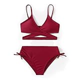 MIENOE Teen Girls' Swimsuits Two-Piece Swimsuit V-Neck Bikini Swimsuit Solid Color Adjustable Shoulder Straps Swimsuit Kids Wine Red Bikini (Size 12-14Years)