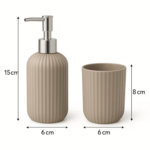 Image of LAGET Bathroom Accessories Set for Utility and Toothbrush Holder Bathroom Decor | Handwash Liquid Soap Dispenser Pump for Bathroom, Kitchen, Wash Basin, Sink Ribbed Design (Grey)