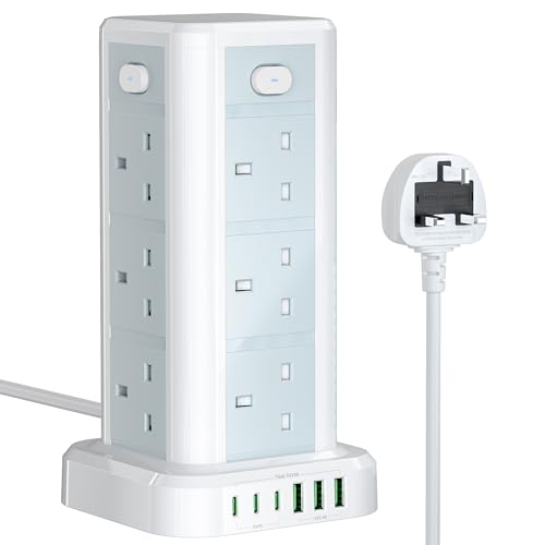 Tower Extension Lead with USB C Slots, Toomke 12 Way Plug Extension Socket Tower with 3 Type C and 3 USB A, Overload Protection Extension Tower with Switches, 1.8M Extension Cable for Home, Office