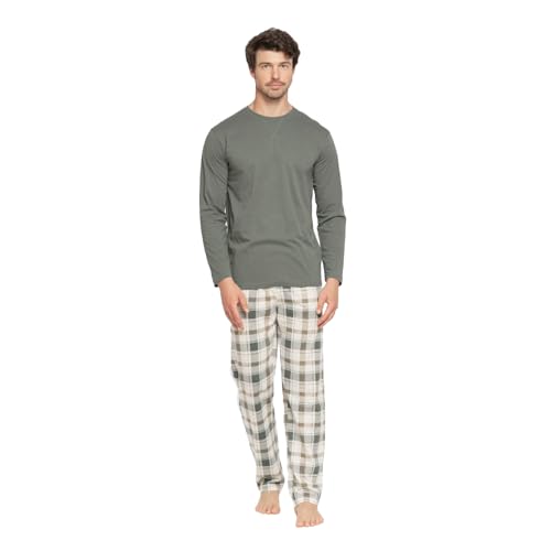 TRAMAS+ Pijama de Hombre Largo,100% Algodón, con Manga Larga y Pantalón Largo, Conjunto de Ropa para Dormir Entretiempo - L, Cuadro Noric Verde