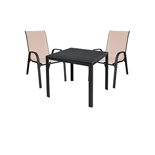 Mojawo Hochwertige Gartengarnitur 3-teilig Gartentisch 90x90cm Anthrazit WPC Grau + 2 Stapelstühle Textilen Anthrazit/Beige