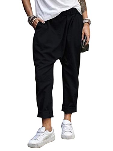 ORANDESIGNE Pantalon Femme Été Décontractée Coton Lin Ample Elastique Sarouel Noir Large