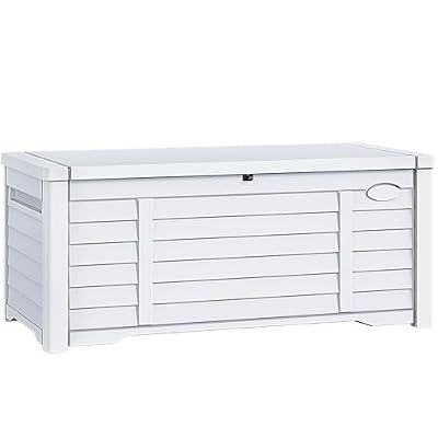 DWVO Large Deck Box 120 Gallon Waterproof Outdoor Storage Box, Extra Large Outdoor Storage Bin, Resin Louvered Patio Storage for Indoor Outdoor Pillows, Garden Tools & Pool Supplies, Lockable, White