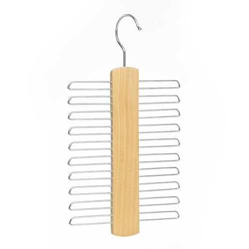 Tie Hanger Wooden Hangers Wardrobe Tie Organiser - Stylish Hanging Storage Rack With 20 Chrome Bars With Swivel Hook for Tie Belt Scarf Beech Wood Tie Rack Hanger (Wood)