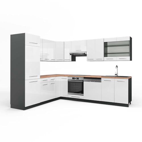 Vicco Eckküche Fame-Line, Weiß Hochglanz/Anthrazit, 287 x 60 cm, AP Eiche, für Flexible Küchengestaltung und individuelle Erweiterung