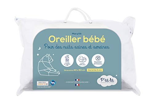 P'tit lit - Oreiller Bébé | Coussin Enfant 40x60 cm - Enveloppe 100% Coton - Anti Acariens - Hypoallergénique - Oeko Tex - Conception Française
