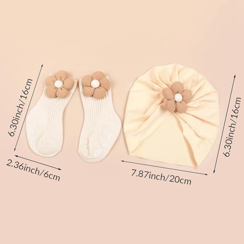 Newborn Baby Hat and Socks Set Baby Flower Beanie Cotton Socks Toddler Beanie Cap Non Slip Sock for Infant 0-6 Months3
