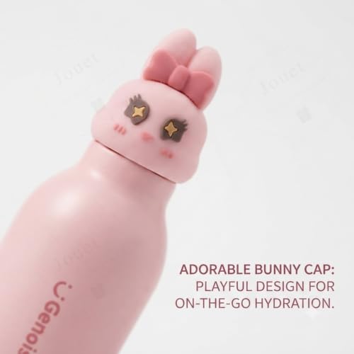 Image of JOUET Kids Stainless Steel Water Bottle 450ml with Pink Bunny Character Lid, Leakproof Straw Bottle for School, Travel & Daily Use