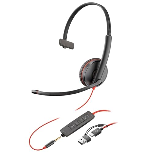 Casque monaural USB-A Poly Blackwire 3215 noir supra-aural prise 3,5mm