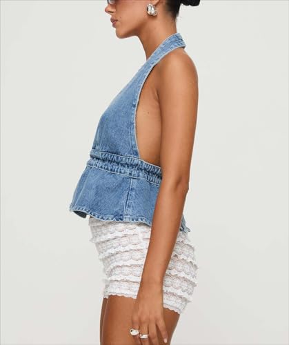 Denim Halter Top for Women Denim Open Back Tie-Up Halter Vest Jean Cropped Tank Top Summer 20254