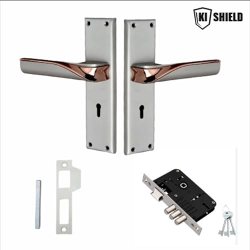 Image of Mortise Lock Set with Door Handle, Silver /Rose Gold Finish, 8 Inch, Complete Lock Set with 3 Keys and Screws, Model MH-1019KY, Two Years Warranty