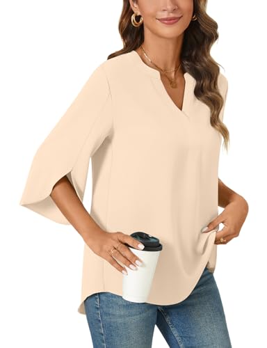 Anyally Women's Chiffon Blouses 3/4 Sleeve Summer Dressy Tunic Tops Casual Loose V Neck T-Shirts2