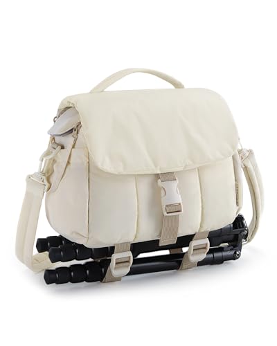 bagsmart Kleine Kameratasche, DSLR-Kameratasche für Kameraobjektiv & Zubehör, ultraleichte, kompakte Crossbody-Camcorder-Taschen mit Regenschutz/Stativgurten, Beige