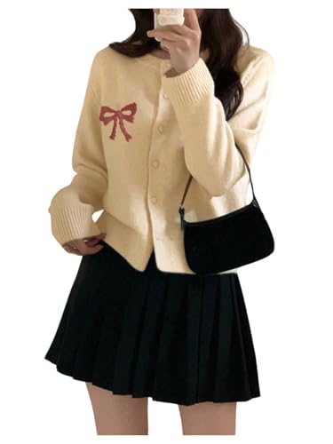 MakeMeChic Women's Bow Cardigan Sweaters Button Down Long Sleeve Knit Outerwear Apricot Small