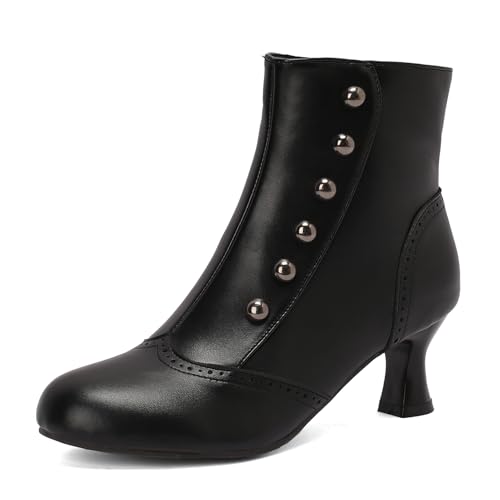 Women's Ankle-High Booties Vintage Victorian Boots with Zipper Studed Round Toe Mediaeval Renaissance Style 70's Outfits Shoes Black Size 38