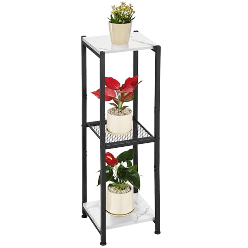 Extra Tall Plant Stand Indoor,40 Inch Plant Stands,3 Tier Metal Plant Stand with Heavy Duty Wood and Metal Mesh Shelf,Marble White and Black